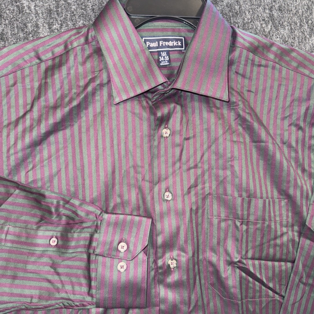 Paul Fredrick Dress Shirt Mens 16.5 34/35 Purple Green Striped Trim Fit Cotton